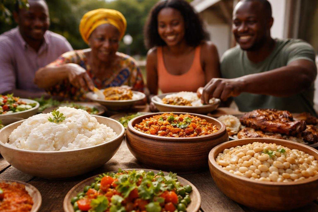 Traditional black South African cooking staples including maize meal, samp, beans, and indigenous greens