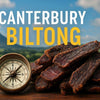 High-quality realistic photograph of traditional Canterbury biltong showing cured meat slices