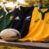 Evolution of rugby jersey fabrics showing traditional cotton and modern synthetic materials