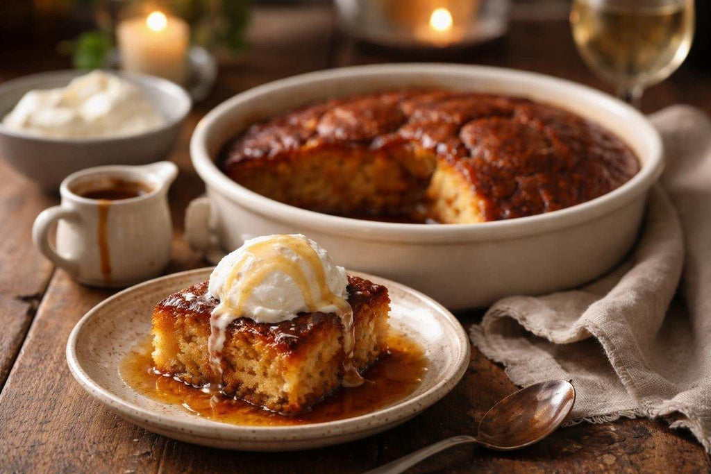 Malva pudding ingredients with syrup ready for baking