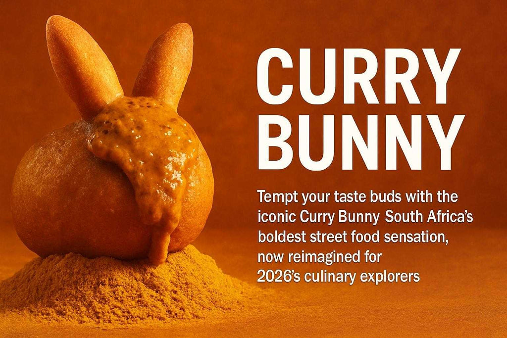 High-quality realistic photo of a vintage curry bunny loaf filled with spicy curry in a bread bowl, showcasing South Africa's iconic street food.