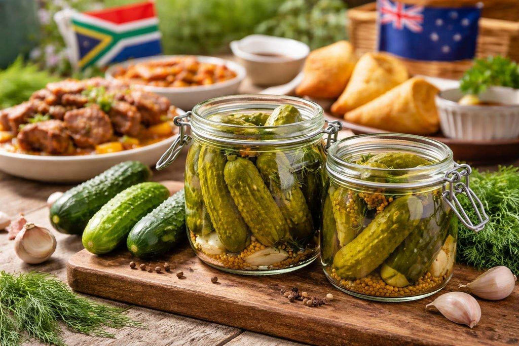 Jar of authentic South African gherkins showcasing traditional pickled cucumbers ideal for South African cuisine and expat communities