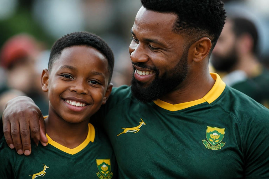 Springbok Jersey in dark green fabric with gold V-neck trim, yellow logos and crest, worn by a man and boy