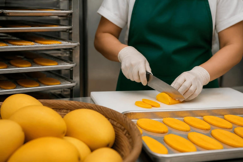 Mango Dried slices are bright orange and being cut by a gloved worker, with whole mangoes and drying trays nearby.
