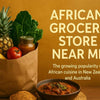 Modern African grocery store interior with diverse authentic products and spices on shelves for 2026 shoppers