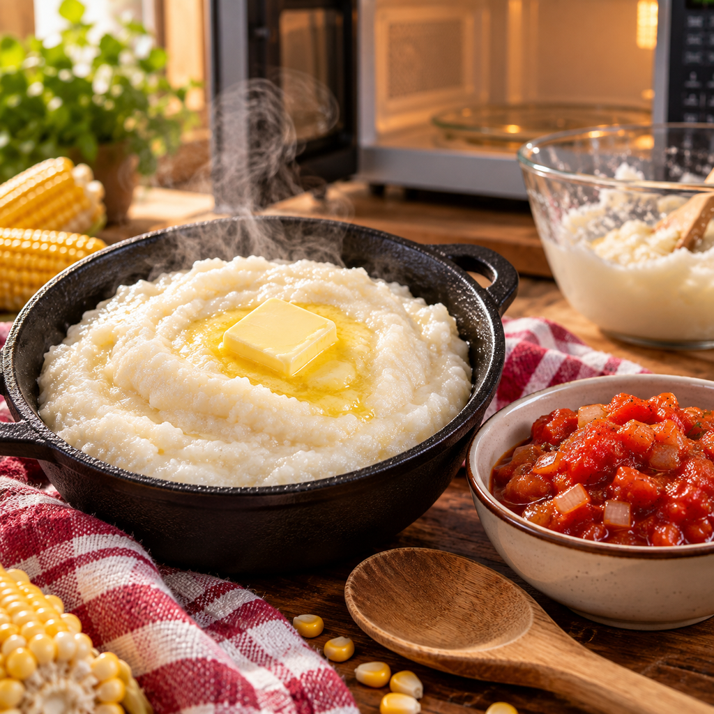 Steaming bowl of South African mieliepap with butter and tomato-onion relish beside a microwave