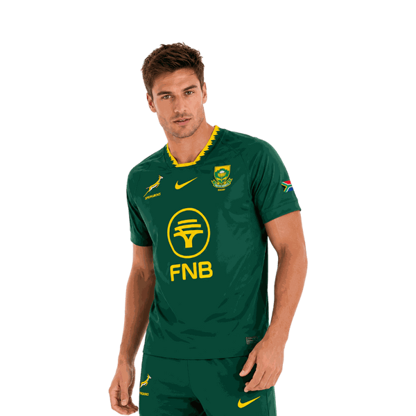 2026 FNB Springboks home stadium jersey in green and gold with Springbok and SA Rugby crest, Nike swoosh, and FNB logo, medium size