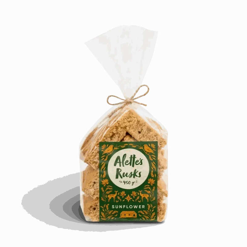 Alette’s Rusks Bran Sunflower 450g pack with crunchy bran-style sunflower seed rusks in resealable herringbone packaging