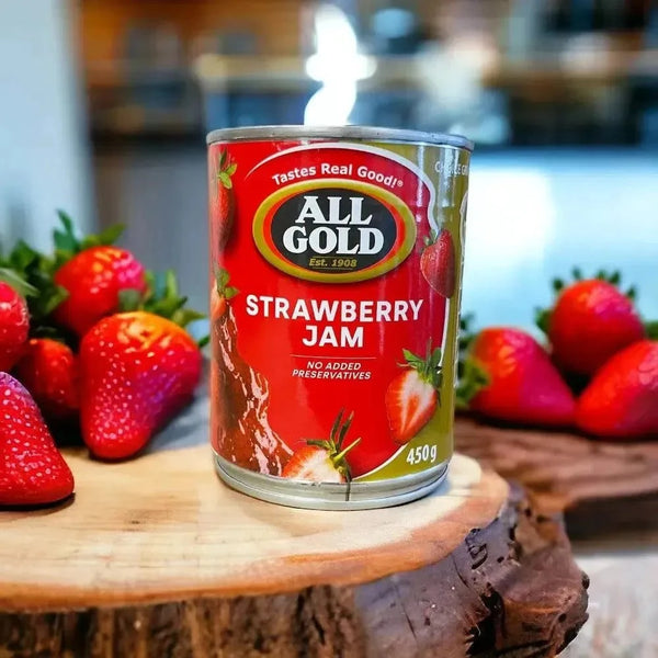 Jar of All Gold Strawberry Jam 450g with fresh fruit and easy-open lid