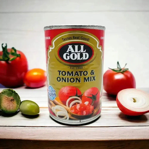 All Gold Tomato & Onion Mix 410g bag with diced tomatoes and sliced onions for flavorful cooking