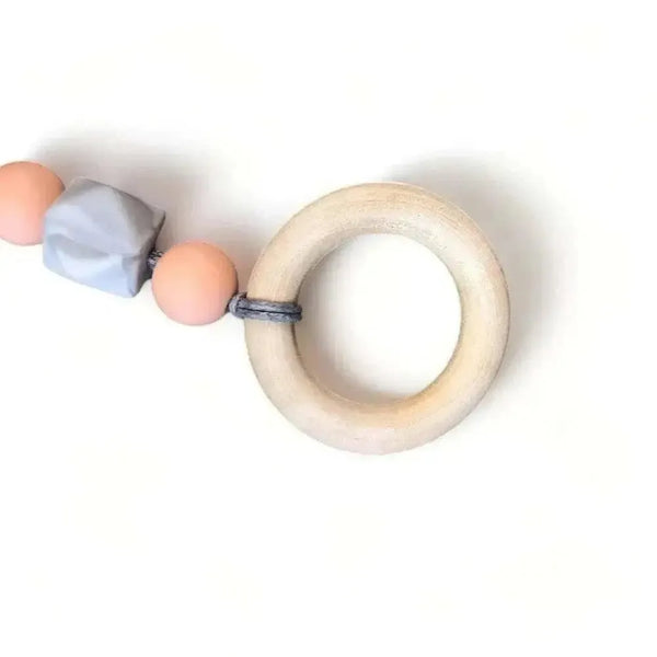 Natural wooden baby teething ring with silicone beads, 40mm diameter, safe and untreated for sensitive gums