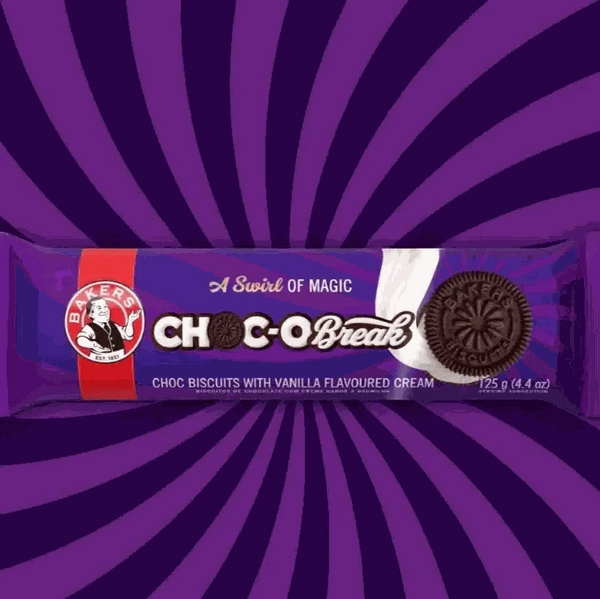 Bakers Choc-o-Break Chocolate Biscuits 125g packaging with chocolate and vanilla cream biscuits.