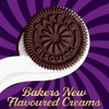 Bakers Choc-o-Break Chocolate Biscuits with vanilla cream on purple and white swirled background.
