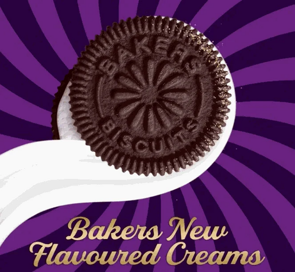 Bakers Choc-o-Break Chocolate Biscuits with vanilla cream on purple and white swirled background.