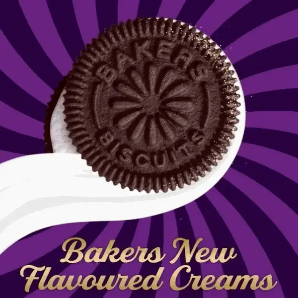 Bakers Choc-o-Break Chocolate Biscuits with vanilla cream on purple and white swirled background.