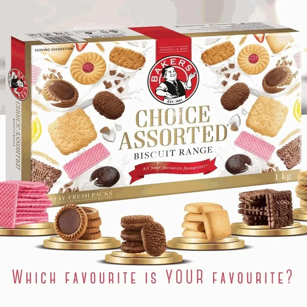 Bakers Choice Assorted Biscuit Range 1kg box with diverse cookies for sharing.