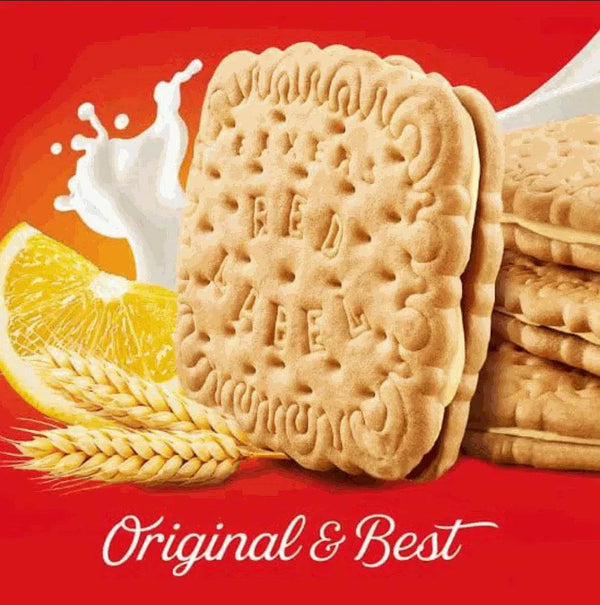 Bakers Red Label Lemon Creams biscuits with citrus cream filling and vanilla exterior, 200g pack.
