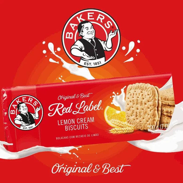 Bakers Red Label Lemon Creams biscuits 200g package with vanilla biscuits and lemon cream filling on red background