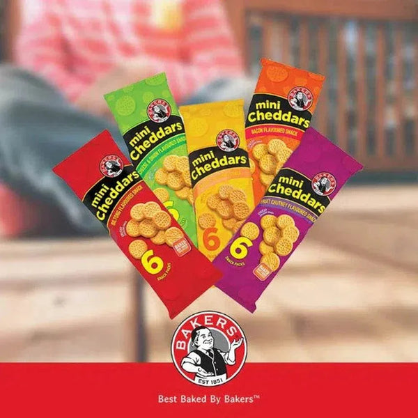 Bakers Mini Cheddars multipack featuring 6 packs of cheesy snacks, 33g each.