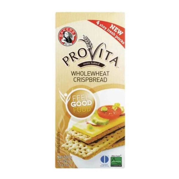 Bakers Provita Wholewheat Crispbread 500g packaging with savory stack topping.