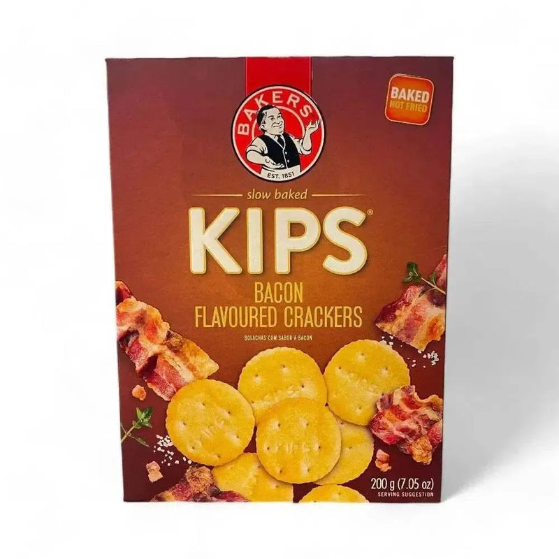 Bakers Pyotts Kips Bacon Flavoured Crackers 200g pack with savory biltong flavor and crunchy texture