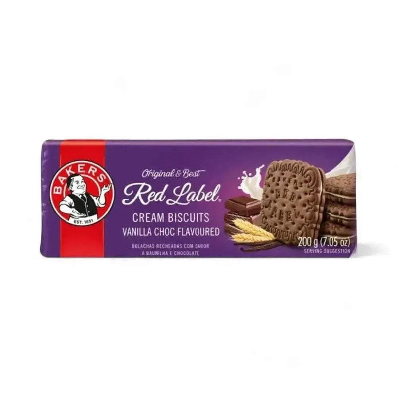 Bakers Red Label vanilla chocolate cream biscuits 200g pack with chocolate biscuits and vanilla cream filling