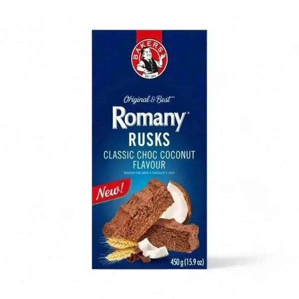 Bakers Romany Classic Choc Coconut Flavour Rusks 450g pack with chocolate and coconut flavor
