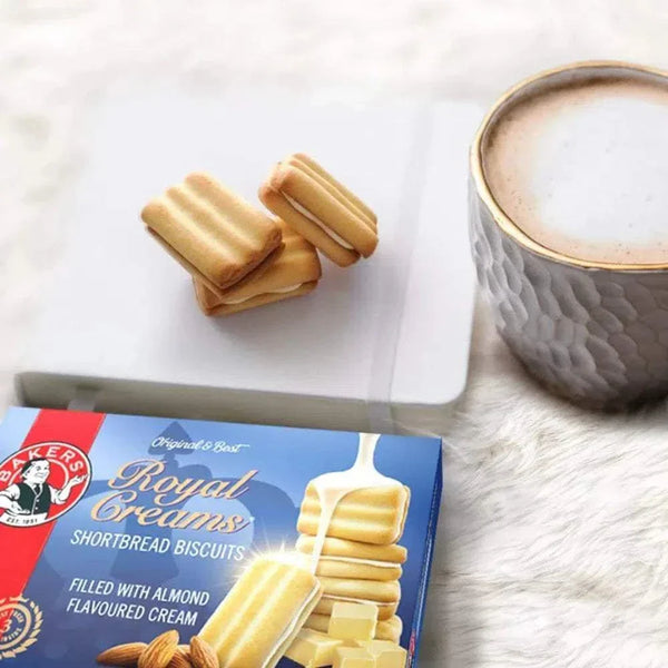 Bakers Royal Creams Shortbread Biscuits with Almond Cream Filling and Coffee Cup