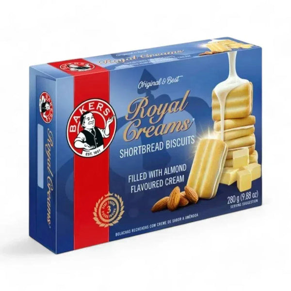 Bakers Royal Creams shortbread biscuits with almond-flavored cream, 280g box.