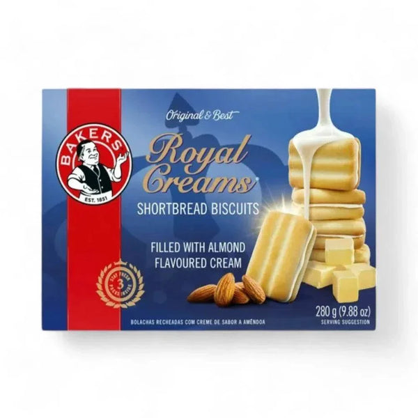 Bakers Royal Creams Shortbread Biscuits 280g box with almond flavor cream.