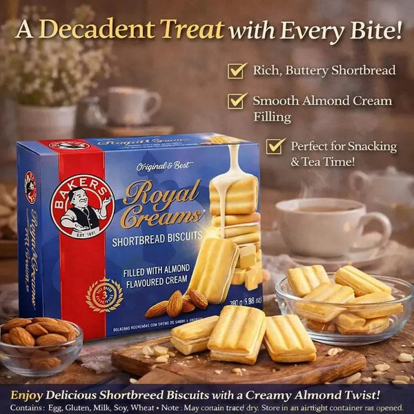 Bakers Royal Creams shortbread biscuits with almond-flavored cream filling in 280g pack