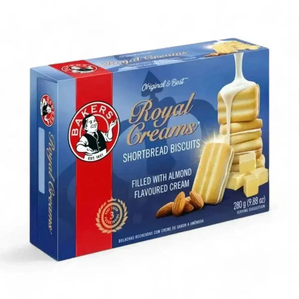Bakers Royal Creams shortbread biscuits with almond-flavored cream filling in 280g pack