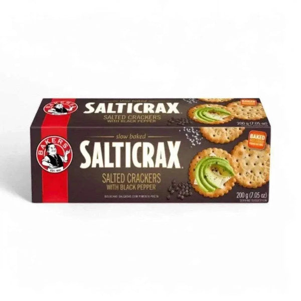 Bakers Salticrax Black Pepper Crackers 200g pack with slow-baked crispy texture and black pepper flavor