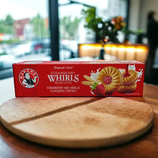 Bakers Strawberry Whirls - 200g box with bright red packaging and swirl-shaped biscuits.