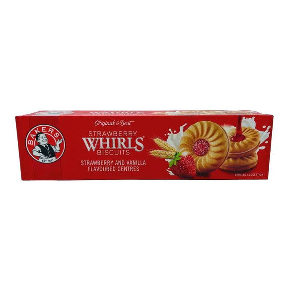 Bakers Strawberry Whirls - 200g, biscuits with strawberry and vanilla centers in a red box.