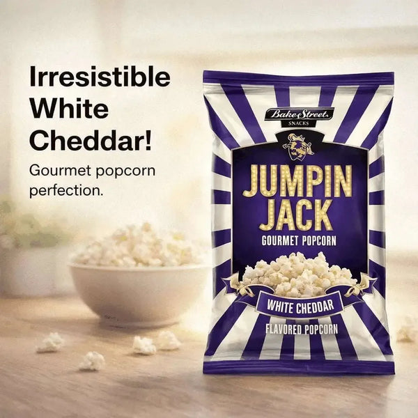 Bakers Street Jumpin Jack white cheddar popcorn 100g pack with cheesy crunchy snack