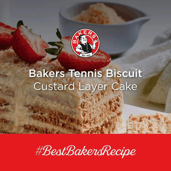 Bakers Tennis Biscuits 200g with custard layer cake featuring strawberries and cream.