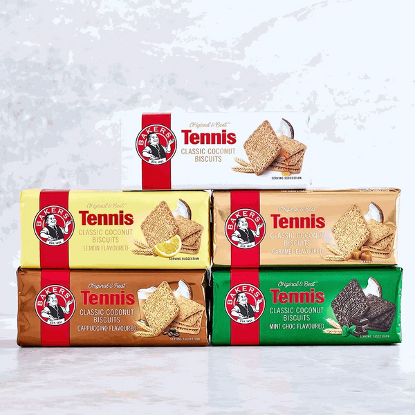 Bakers Tennis Biscuits 200g packaging, showcasing classic coconut flavor options, a South African favorite snack.