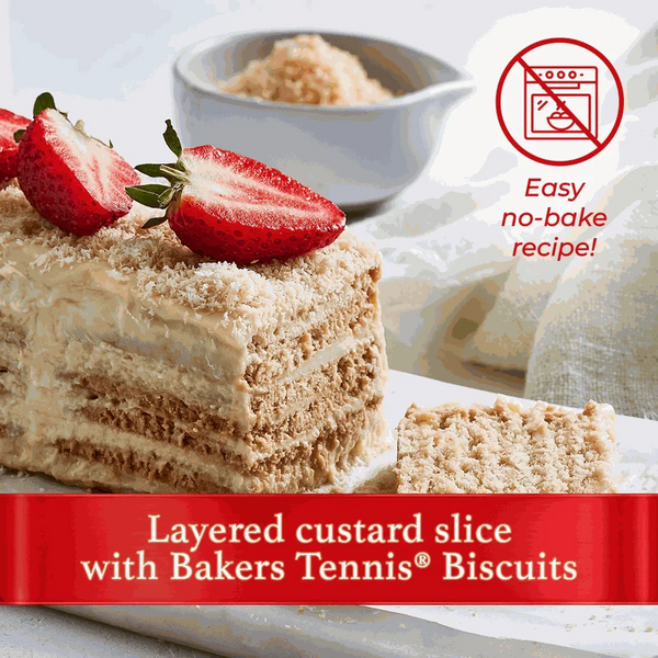 Layered custard slice dessert with Bakers Tennis Biscuits, topped with fresh strawberries; no-bake recipe.