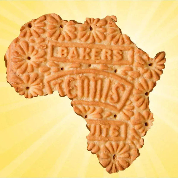Bakers Tennis Biscuit with floral pattern on yellow background.