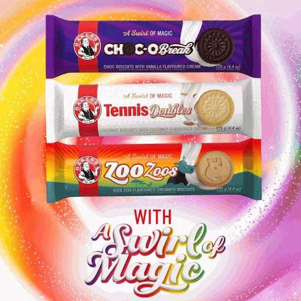 Bakers Tennis Doubles Coconut Biscuits 125g packaging, featuring coconut cream-filled biscuits alongside other biscuit varieties with a swirl of magic design.