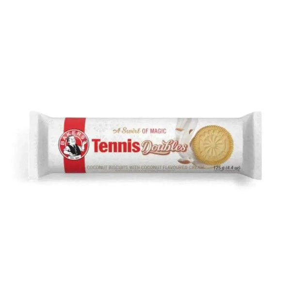 Bakers Tennis Doubles Coconut Biscuits 125g pack with coconut cream filling on white background.
