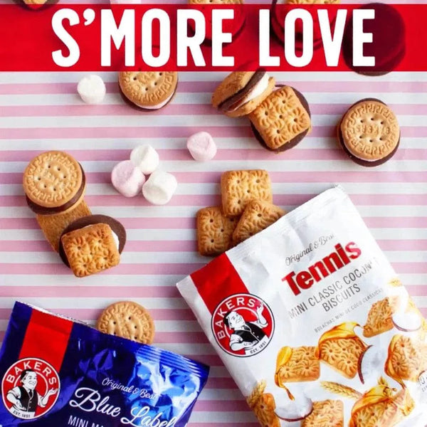Bakers Tennis Mini Classic Coconut Biscuits 40g packaging with scattered biscuits and marshmallows.