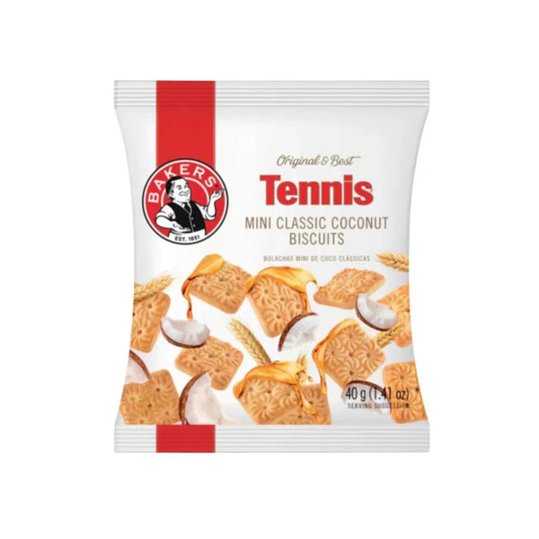 Bakers Tennis Mini Classic Coconut Biscuits 40g pack, featuring crunchy texture and natural coconut flavor.
