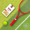 Bakers Tennis Classic Coconut Rusks 450g pack on grass with tennis racket and ball.