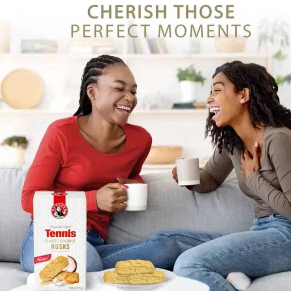 Bakers Tennis Classic Coconut Rusks 450g with coffee, perfect moments slogan.