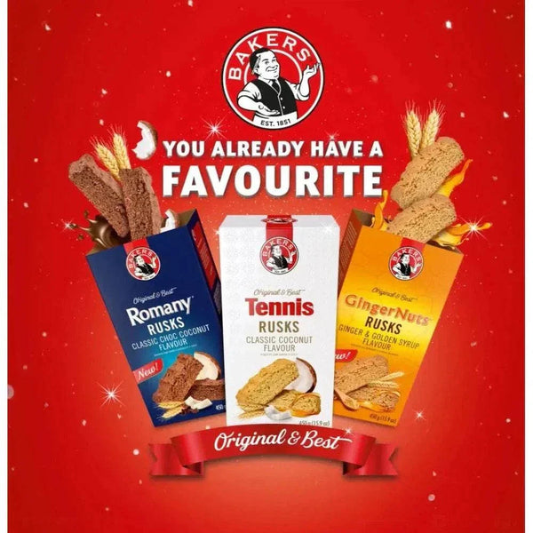 Bakers Tennis Classic Coconut Rusks 450g with packaging and rusks shown.