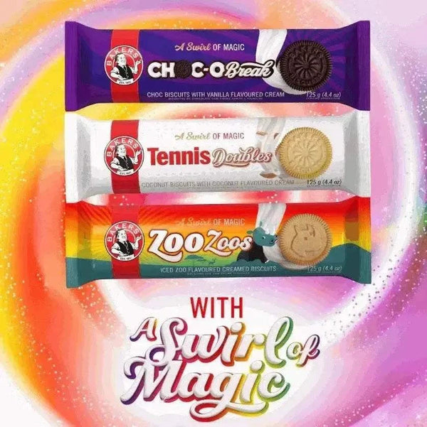 Bakers Zoo Zoos Cream Biscuits 125g pack with zoo-themed design, featuring a buttery, creamy filling.
