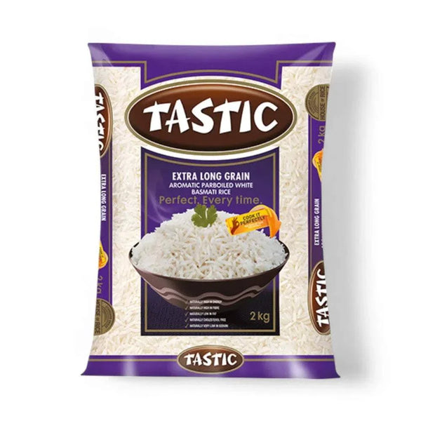 Tastic Extra Long Grain Aromatic White Basmati Rice 2kg packaging.