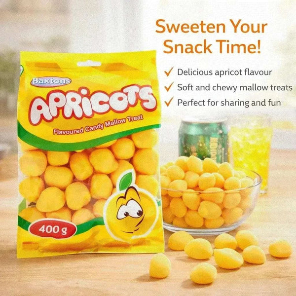 Baxtons Apricots 400g sweet chewy apricot-flavored candy marshmallow treats in bright yellow packaging
